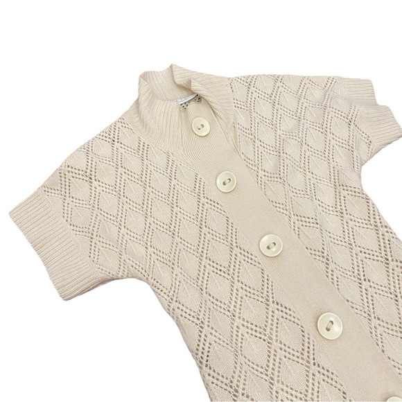 Trina Turk Cashmere and Wool High Neck Buttoned Pointelle Knit Cardigan (M) - Picture 3 of 6